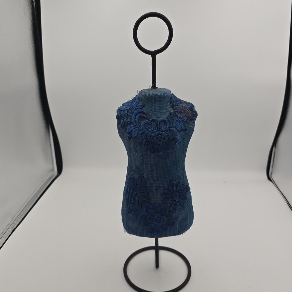 16" Blue Embroidered Dress Form Jewelry Display Stand Necklace Holder Mannequin